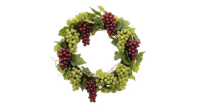 Round Wreath of Green and Red Grapes, Leaves grape wreath fruit wreath, isolated on white or transparent background, AI