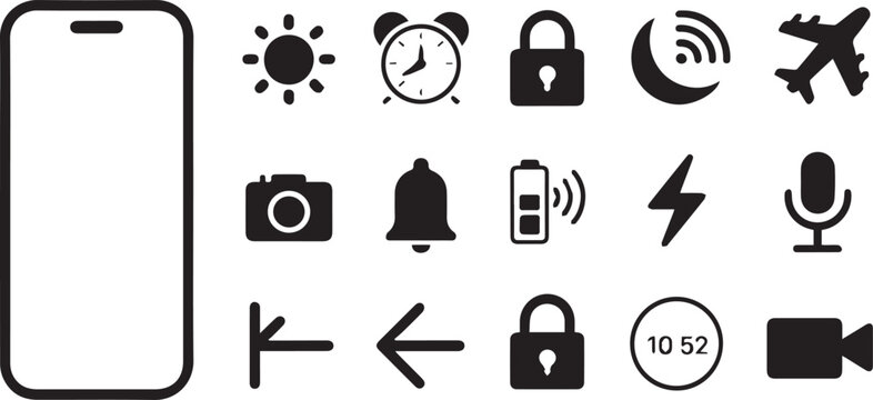 icon mobile ui icons grid smartphone sun alarm padlock moon airplane camera bell battery lightning microphone back enter video
