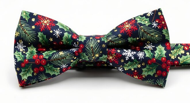 Festive christmas bow tie with holly berries and snowflake pattern