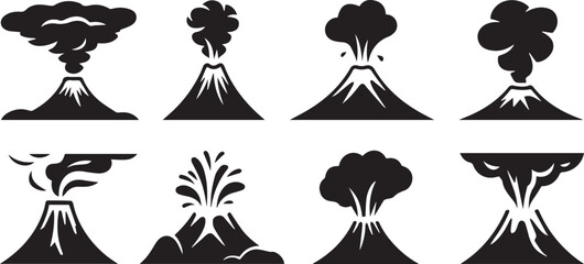 volcano icons set vector erupting silhouettes showing eruption styles