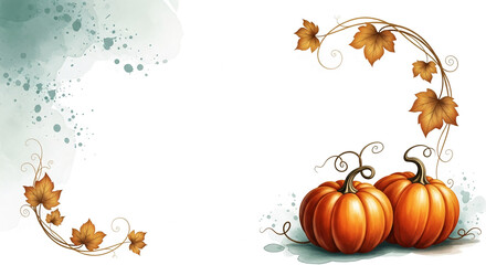 Fototapeta premium Illustration with orange pumpkins, autumn leaves, and watercolor effect, symbolic of harvest, Thanksgiving, or seasonal decoration, free space for text