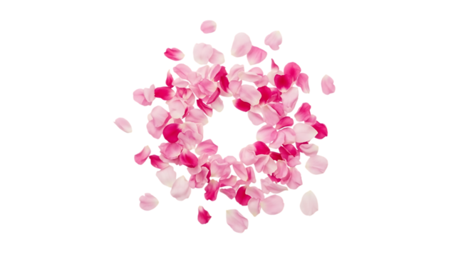 Pink and Magenta Rose Petals Forming a Circular Wreath Shape isolated, pink petals, isolated on white or transparent background, AI