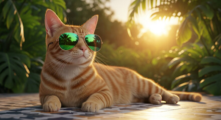 Orange tabby cat with sunglasses lying on a surface, palm tree reflection in glasses, representing relaxation, leisure, and summer vibes
