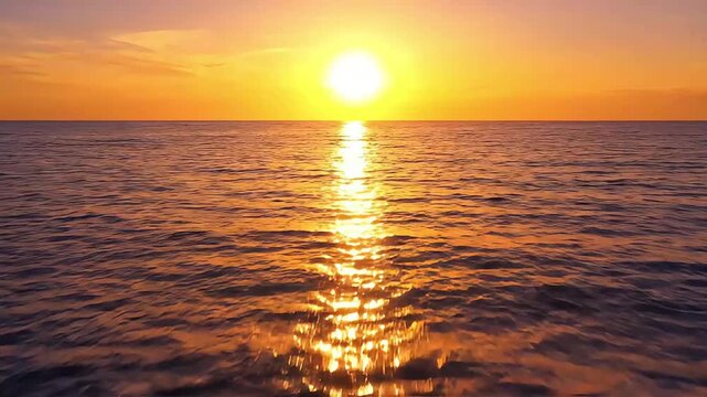 Golden sun sets over calm ocean, casting a shimmering path of light on the water.