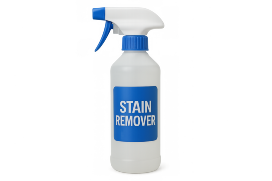 Plastic spray bottle with stain remover product, transparent background