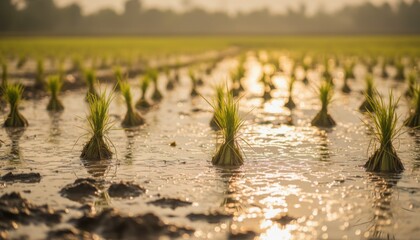 Rice seedlings planted in flooded paddy field reflecting sunlight, representing Asian agriculture, tradition, sustainability and connection to nature and water