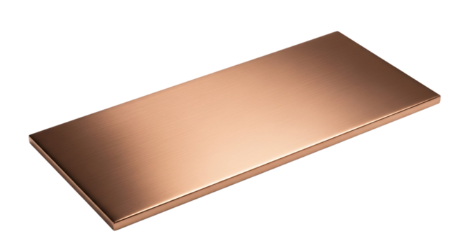 Brushed copper rectangular plate, subtle sheen and sharp edges, isolated on white or transparent background, AI
