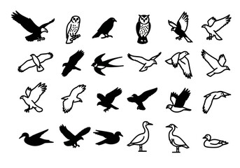 A diverse collection of wild bird icons in minimalist black and white style, featuring eagles, owls, and swallows for vector art design erty (8)