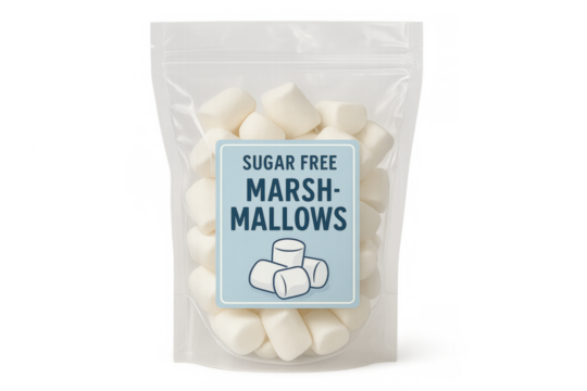 Sugar free marshmallows in transparent stand up pouch