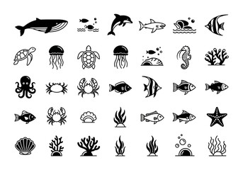 Fototapeta premium A comprehensive collection of black vector icons depicting various marine life and ocean elements, including fish, whales, and coral for design projects