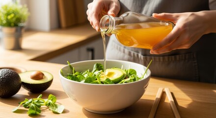Hands pouring homemade apple cider vinegar into a fresh salad