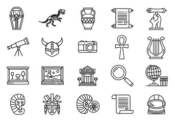 A comprehensive set of thin line icons representing history, archaeology, and museum exhibits, including ancient artifacts, fossils, and cultural symbols © Adam