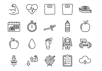 Health and fitness line icon set. Vector outline symbols for sport, wellness, diet, and body measurement. Gym workout graphic elements collection