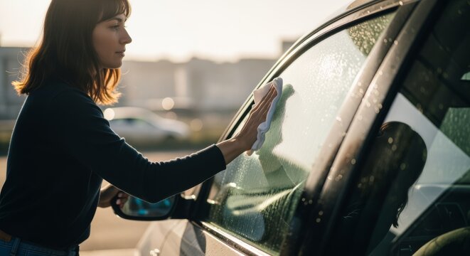 Woman in casual clothes wiping moisture off a car window