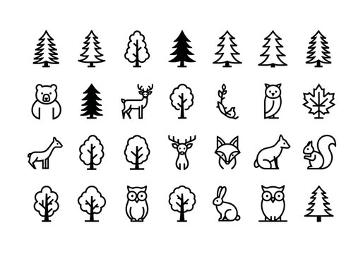 Linear icon set of forest animals and woodland nature elements. Outline symbols of trees, deer, bears, and owls for design projects
