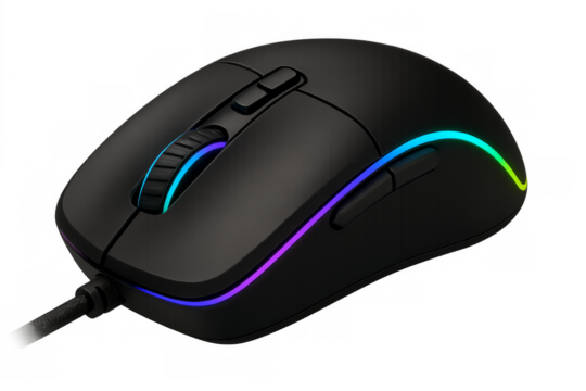 Black gaming mouse with rgb led lighting on transparent background
