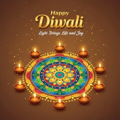 Happy Diwali celebration with glowing diyas and colorful rangoli pattern festival India