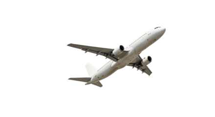 White commercial airplane, two engines flying against a dark void, isolated on white or transparent background, AI