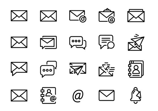 Collection of minimal thin line icons representing email, message, and online communication for user interface design erty (76)