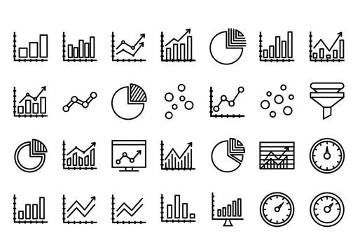 Set of thin line data analysis and business report icons. Vector graphics for statistics, infographics, charts, and financial presentation elements