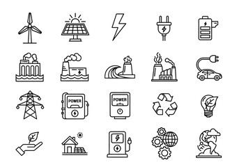 Thin line icons set of energy and power generation. Outline symbol collection for renewable resources, electricity, and ecology concepts
