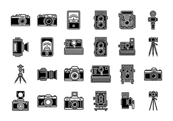 Vector icon set of various cameras and photography equipment. Collection includes retro film, modern digital cameras, and accessories in a simple line art style