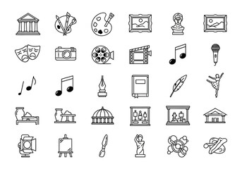 Arts and culture vector icon set collection. Thin line symbols for museum, gallery, painting, music, theatre, and creative hobbies