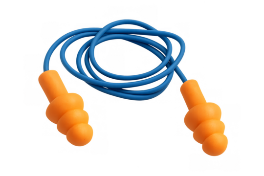 Orange earplugs with blue cord for hearing protection