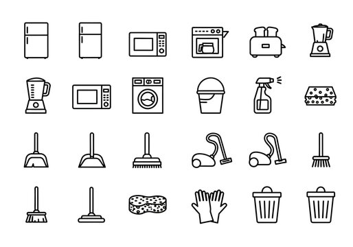 A collection of outline icons representing various kitchen appliances and essential cleaning equipment for household maintenance tasks - Powered by Adobe
