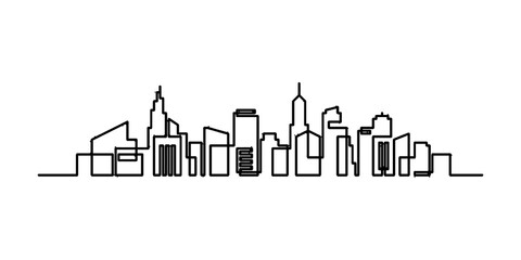 Continuous line city building. One single outline cityscape continuous construction. Editable stroke building background. Vector illustration.