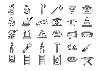 Obraz premium Fire safety and emergency services line icon set with firefighter tools, rescue equipment, and warning signs. erty (123)