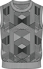 Sleeveless sweater vest vector illustration, geometric pattern textile design, diamond and triangle shapes, round neckline knitwear, fashion garment sketch template