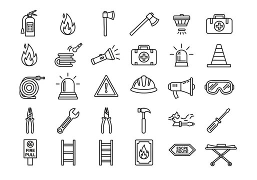 Fire safety and emergency services line icon set with firefighter tools, rescue equipment, and warning signs. erty (123)