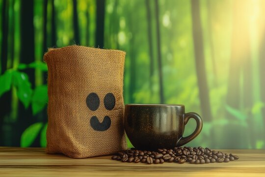 Brown coffee cup and burlap bag with a smiling face, with coffee beans scattered on wooden surface, green background.