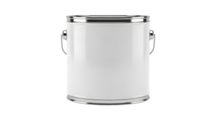 A white paint can with a silver handle and rim