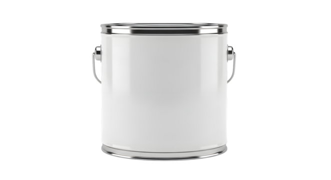 A white paint can with a silver handle and rim