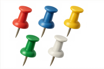 Colorful push pins holding important information on transparent background