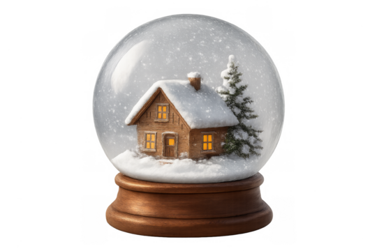 Snow globe with winter cottage and falling snow on transparent background