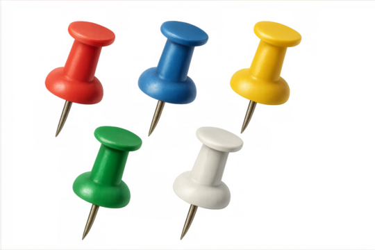 Colorful push pins holding important information on transparent background