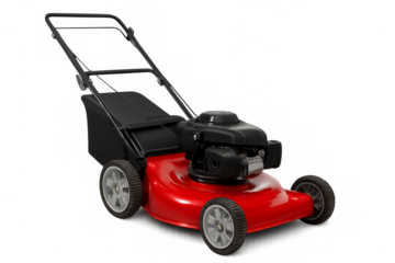 Red lawn mower for cutting grass transparent background