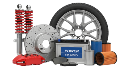 A collection of car parts including a tire, wheel, shock absorber, brake disc, caliper, battery, and filters
