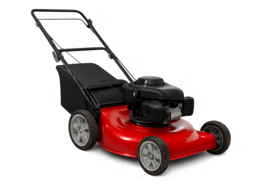 Red lawn mower for cutting grass transparent background