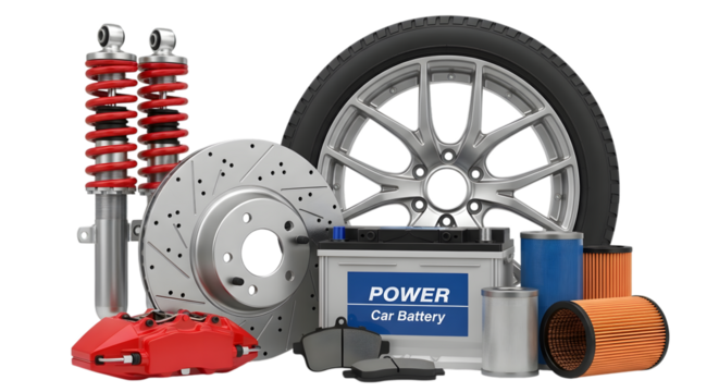 A collection of car parts including a tire, wheel, shock absorber, brake disc, caliper, battery, and filters