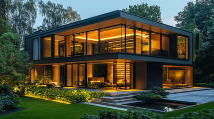 Modern Smart Home at Dusk with AI-Controlled Lighting, Large Glass Windows, Sleek Architectural Design, and Lush Landscaping