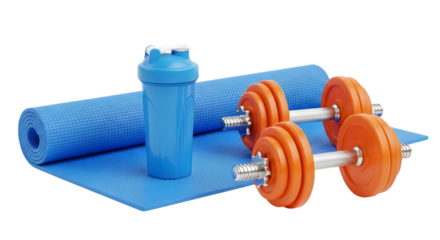 A blue yoga mat, a blue shaker bottle, and two orange dumbbell weights