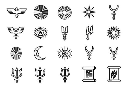 Linear icons of ancient mythological and esoteric symbols including labyrinth, trident, all-seeing eye, and sacred geometry
