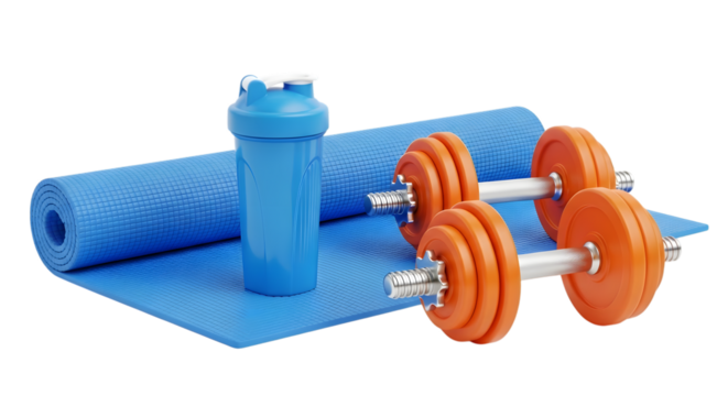 A blue yoga mat, a blue shaker bottle, and two orange dumbbell weights