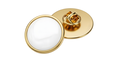 Gold lapel pin with a white circular face and a secure clasp