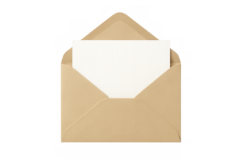 Open craft paper envelope holding blank white card