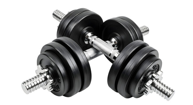 Two adjustable dumbbells with chrome handles and black weight plates - Powered by Adobe